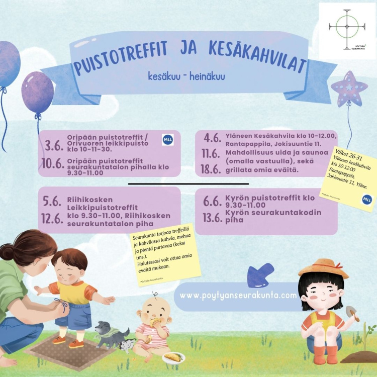 Puistotreffit / Kyrö Lapsia leikkimässä. Tekstiä jossa kesätoiminnan aikataulut.