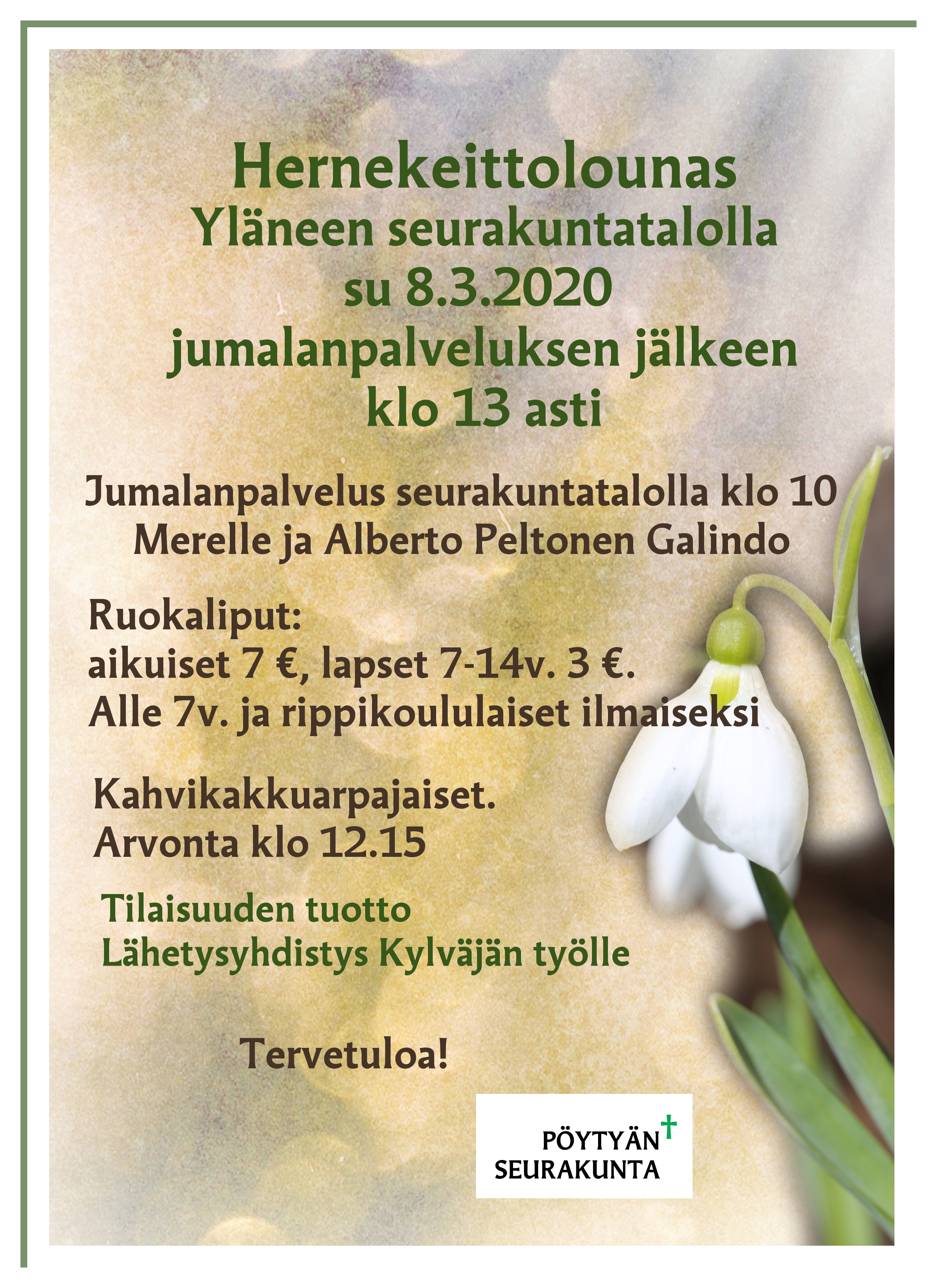 Jumalanpalvelus Mainosteksti kehyksessä, jossa kielon kuva taustalla.
