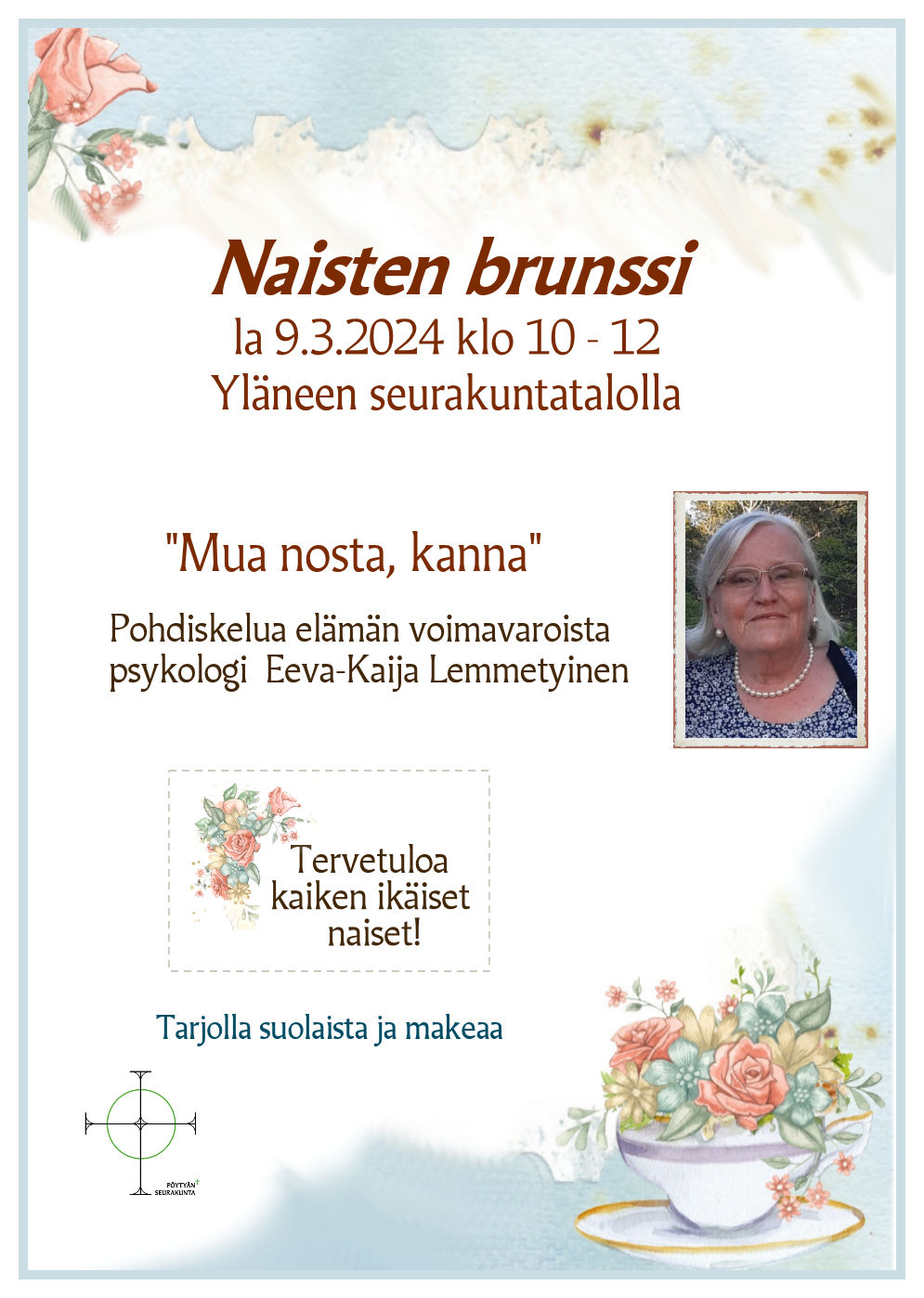Naisten brunssi Pastellinsävyjä kukkakuvilla sekä kimpulla maljakossa