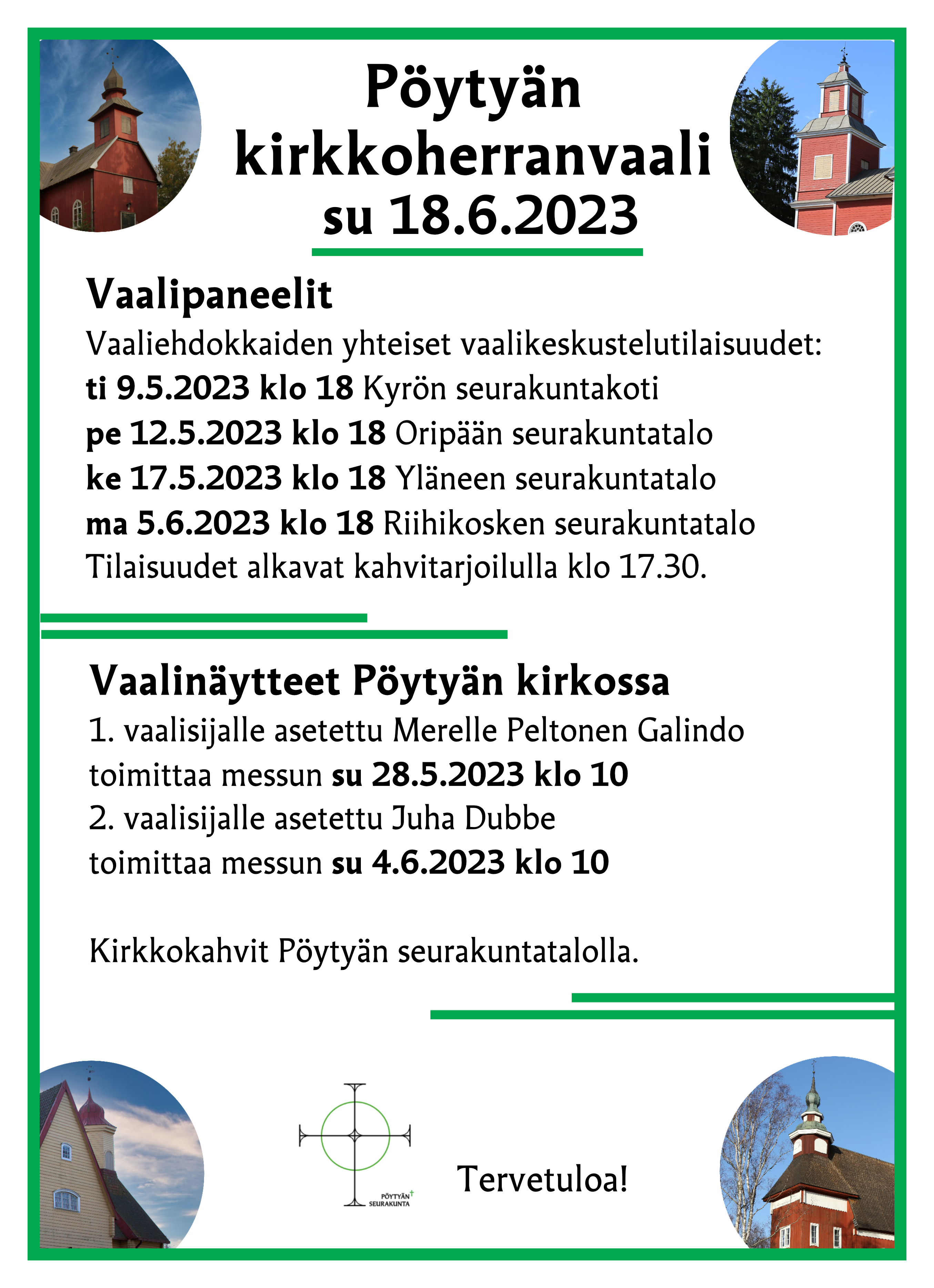 vaalimainos, nurkissa kirkkoalueiden kirkkojen tornit